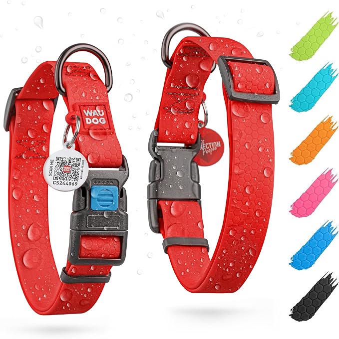 WAUDOG Waterproof Dog Collar Airtag Holder QR Tag Small Medium Large Dogs | Water and Dirt Resistant, Quick Dry QR Pet Tag Adjustable Durable Comfort for Male and Female Dogs Outdoor Walking Training