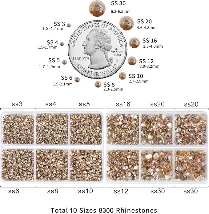Beadsland 8300PCS Flatback Rhinestones, Gold Rhinestone Round Crystal Rhinestones for Crafts, Mixed 10 Sizes with Wax Pencil and Tweezer Kit, SS3-SS30, Golden Shadow