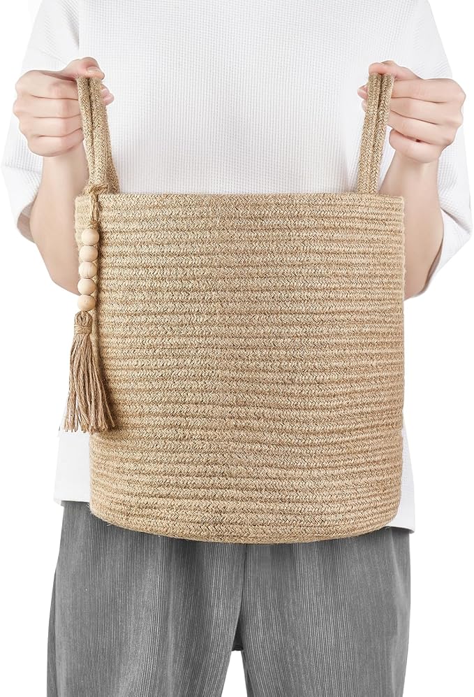 Mkono Woven Storage Basket for Blanket, Toys Plant Organizer, 11"W x 11"L | Brown, Jute, Decorative Basket with Handle, Wood Beads Tassel, Shoes Towel Clothes Storage Bin, Living Room Bedroom Nursery
