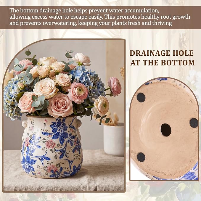 Ceramic Scroll Planter 6.5 Inch Chinoiserie Floral Vase with Drainage Holes Vintage Flower Vase Flower Pot Rustic Ceramic Pots for Indoor Plants Garden Home Bookshelf Decor(Blue, Red)