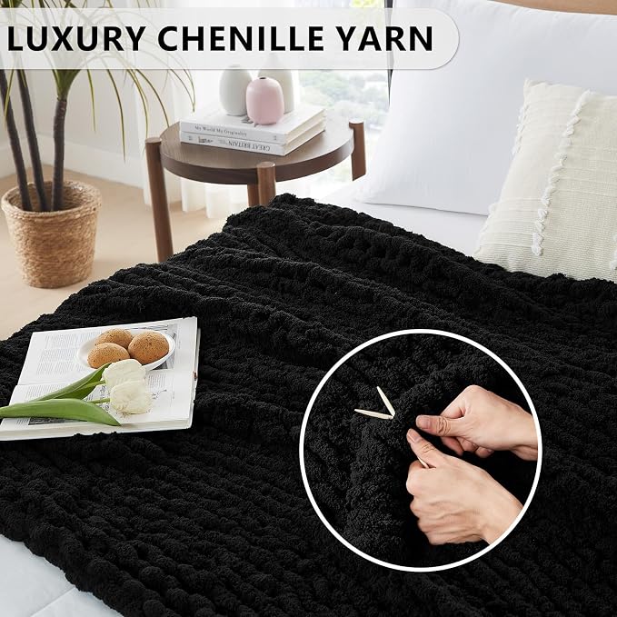 L'AGRATY Chunky Knit Throw Blanket for Couch, 72'' x 84'' Knit Throw, Black | Handmade Chenille Crochet Blanket for Sofa Bed, Thick Cable Knitted Blankets for Room Home Decor, Birthday Gift for Women Mom