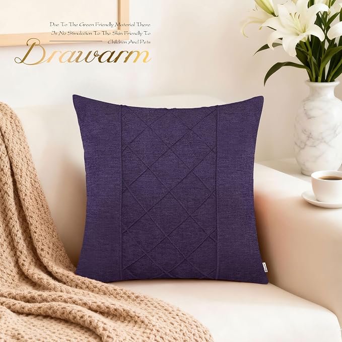 BRAWARM Chenille Throw Pillow Covers 16x16 Inches, Purple, 2 Pack | Decorative Pleated Pillow Covers, Soft Cushion Cases for Sofa Bed Living Room Home Farmhouse (No Insert)