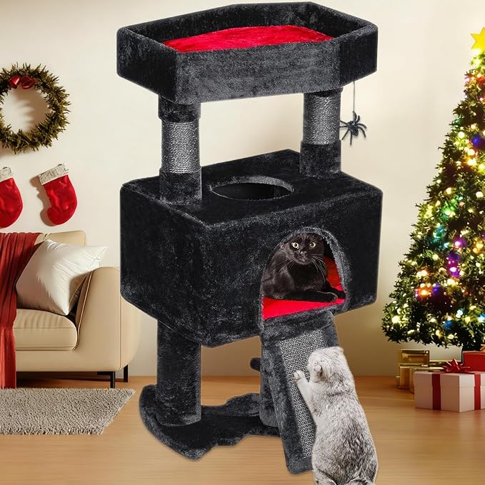BEWISHOME Cat Tree Tower for Indoor Cats, Gothic Cat Trees with Coffin Bed | Goth Cat Tree/Condo/House with Scratching Posts, Cat Shelves with Spider Toy, Pet Play Activity Center Black with Red MMJ95R
