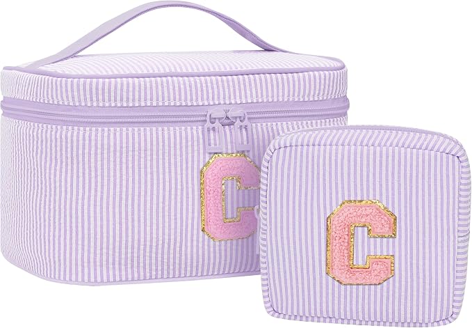 MONSTINA Personalized Initial Makeup Bag| Toiletry Bag for Girls&Women,Make Up Case for Girlfriend Bridesmaid Wife,Birthday Gift for Her Cute,2PCS,Purple C