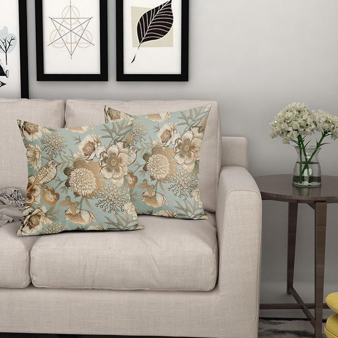 Vintage Floral Pillow Covers 24X24 Inch Set of 2 Rose Gold Flowers Bird Butterfly Decorative Pillow Cases Blue Brown Cotton Linen Cushion Case Farmhouse Home Decor for Sofa Couch Living Room