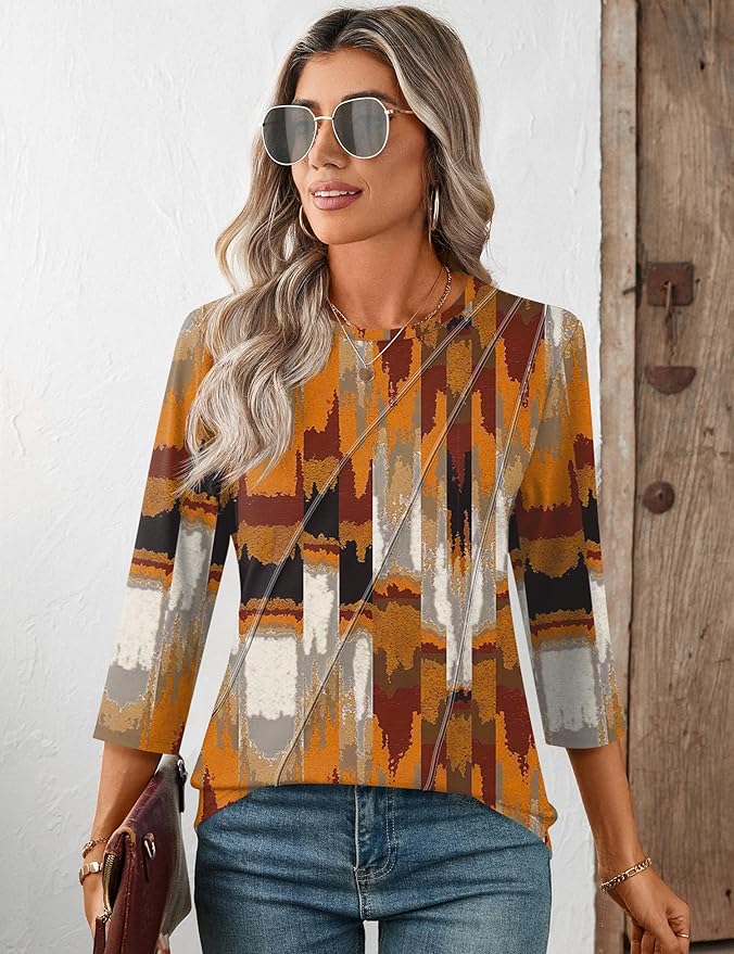 LOMON 3/4 Length Sleeve Womens Tops Spring Summer Fashion 2026 Tops Crew Neck Pleated Shirts Tunic Top Loose Fit