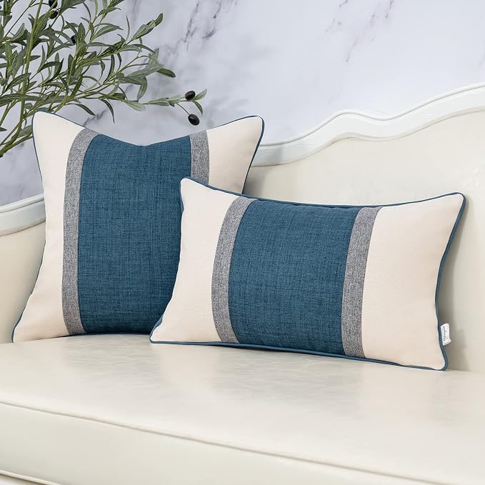 Patchwork Pillow Cover 12x20 Inch Luxury Cotton and Linen Cushion Cover Rectangle Pillowcover for Couch Bedroom Living Room, Blue