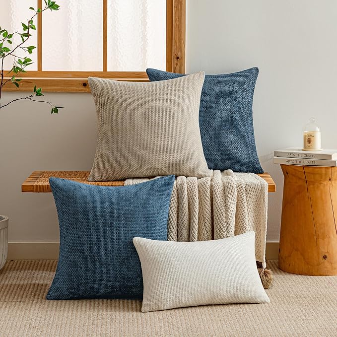 a moment Ocean Blue Chenille Throw Pillow Covers 18x18 Inch Pack of 2 Modern Decorative Throw Pillow Covers Farmhouse Cross Covers Home Decor for Sofa Bedroom Living Room