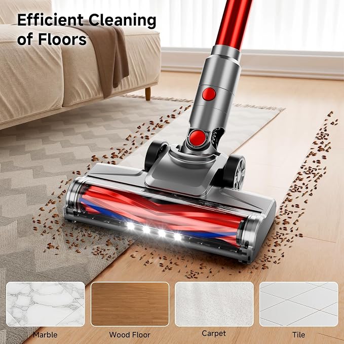 Cordless Vacuum Cleaner, Powerful Stick Vacuum Cleaner for Home with Rechargeable Battery, 6-in-1 Lightweight Handheld Vacuum, 45 Mins Runtime for Hardfloor & Carpets Pet Hair (red)