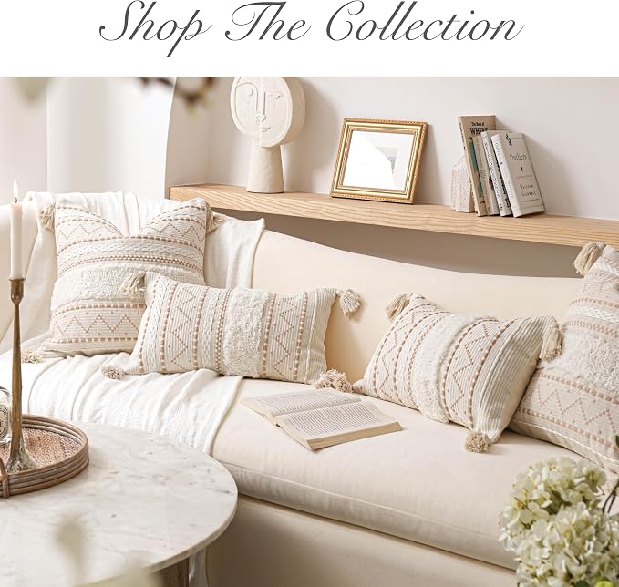 14x36 Lumbar Pillow Cover for Bed, Rectangular Long Decorative Throw Pillowcase, Boho Accent Cushion with Tufted Pattern and Tassels, Cream Beige Neutral (Cover Only)