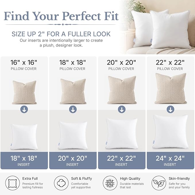 Leeden 26 x 26 Throw Pillow Inserts (Set of 2) with 100% Cotton Cover - 26 Inch Square Decorative Sofa Pillows for Sofa, Couch, Bed and Home Decor