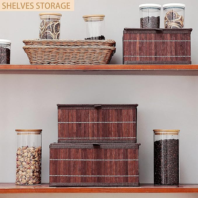 Honygebia Bamboo Decorative Storage Boxes - Set of 3 Woven Lined Storage Basket with Lids, Retro Brown Wicker Lidded Baskets for Home Kitchen Shelf Organizer Decor