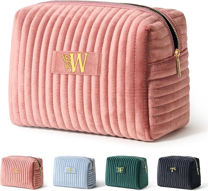 COSHAYSOO Travel Makeup Bag Quilted Make Up Pouch Initial Velvet Cosmetic Case with Butterfly Decorations for Women Cosmetics Complexion Skincare Products Tools Accessories Organizer Pink Letter W