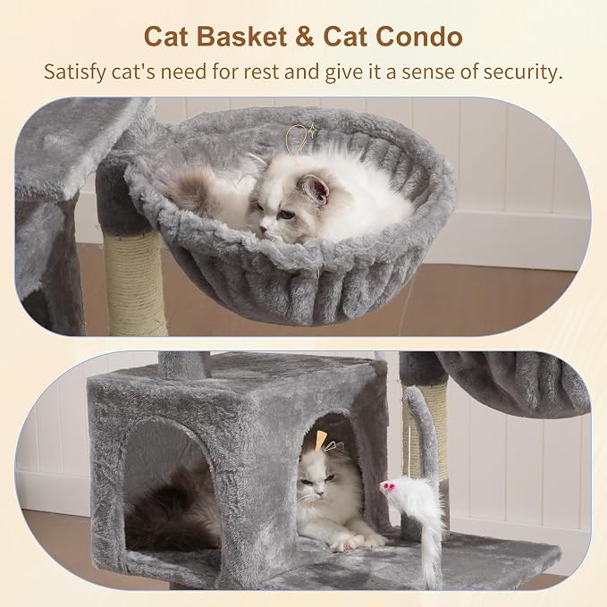 Heybly Cat Tree with Toy, 43.3 inch Cat Tower for Indoor Cats HCT004SW | Cat Condo with Durable Sisal Scratching Posts, Cat House with Padded Plush Perch, Cozy Hammock, Light Gray