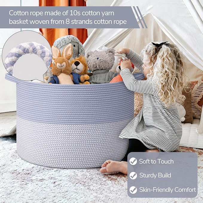 INDRESSME 115L Extra Large Woven Rope Blanket Basket Living Room Blue | 23.6" x 15.7" Storage baskets for toys laundry & pillows. Fits living room, bedroom or nursery décor. Soft-touch with handles