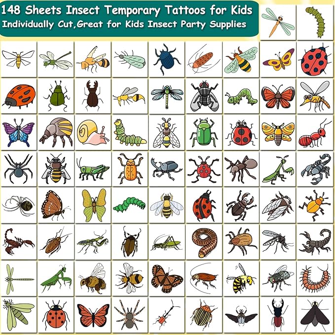 148 Individually Sheets Bug Temporary Tattoos for Kids - Insect Tattoos for Kids Birthday Party Supplies Goodie Bag Fillers