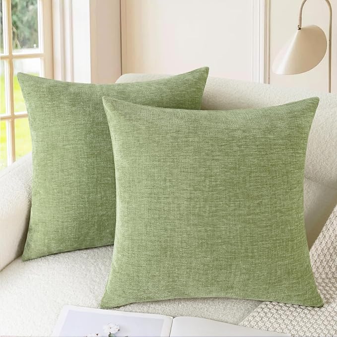 CaliTime Decorative Couch Throw Pillow Covers 18 X 18 Inches Sage Green | Pack of 2, Cozy Chenille Cushion Cases for Sofa Bed Living Room Farmhouse Home