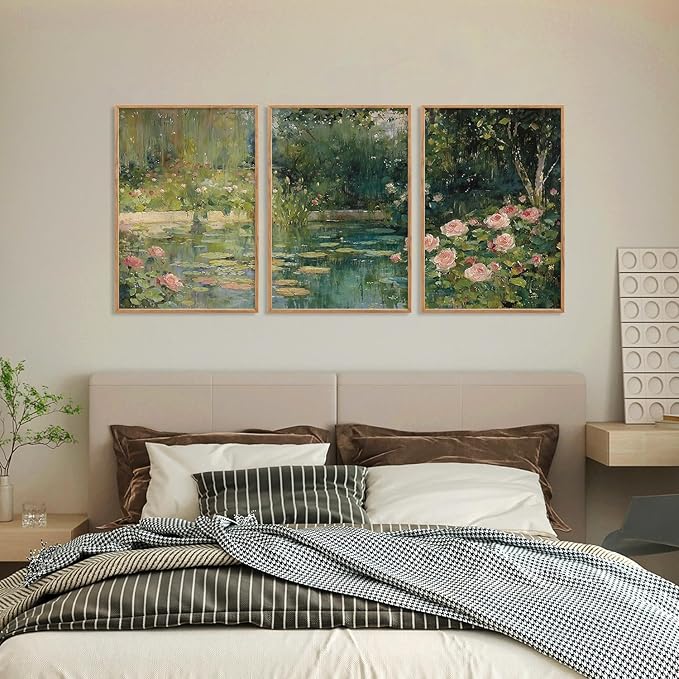 FWIEXA Monet Framed Canvas Wall Art Set, Impressionist Floral Garden Wall Decor, 3 Piece Claude Monet Botanical Artwork, 16x24 Inches Nature Landscape Prints for Living Room, Bedroom
