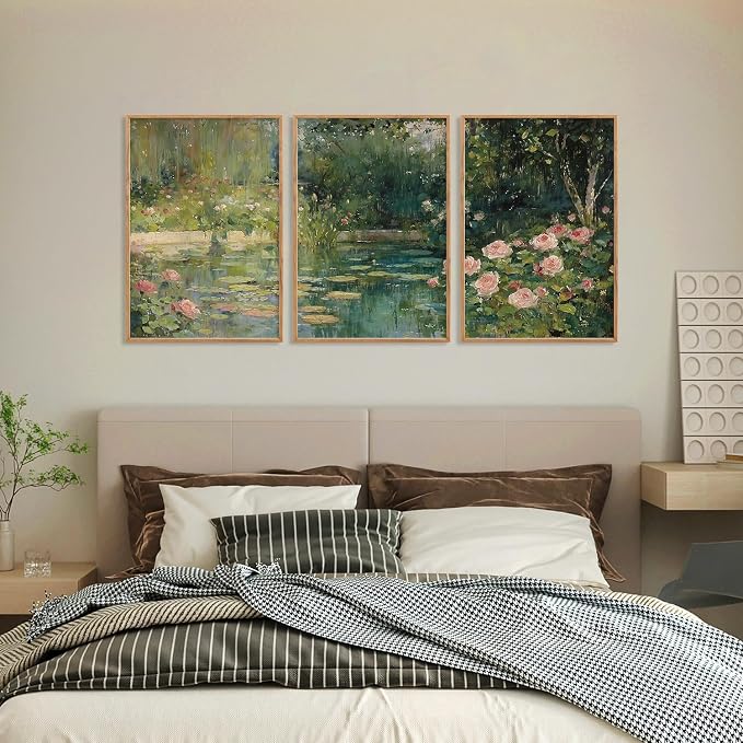 FWIEXA Monet Floral Framed Canvas Wall Art Set, Impressionist Botanical Garden Wall Decor, Vintage Ponds Tree Plant Artwork, Nature Landscape Prints for Living Room, Bedroom - Size 24"x36"x3