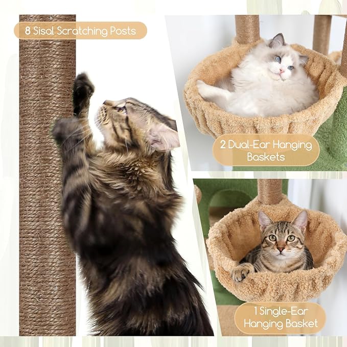 Globlazer Extra Large Cactus Cat Tree Tower, 82in Tall Heavy Duty Cat Tree for Indoor Cats Large Adult Big Cat Tower with 8 Scratching Posts, 2 Cat Condos, 2 Top Perches, 3 Hanging Baskets, S82, Green