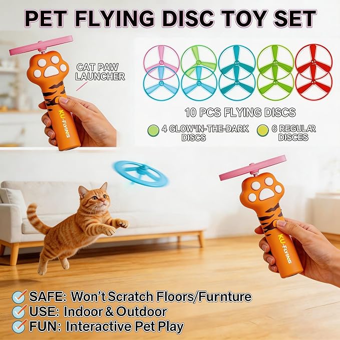 Cat Toy Disc Launcher,Rechargeable Interactive Cat Fetch Toy with 10 Discs | Cat Toys for Indoor Cats,Flying Cat Enrichment Toys for Adult Kittens Dog Playing,Hunting Tracking Toys for Outdoor Indoor