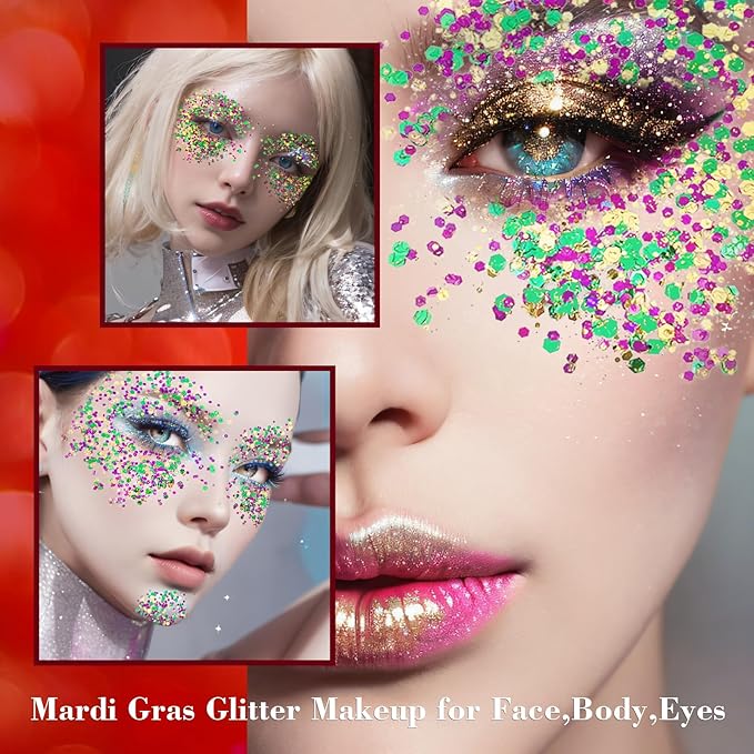 Mardi Gras Face Glitter,Festival Rave St Patricks Day Accessories Body Glitter for Face Body Hair,Gold Green Purple Mixed Chunky Glitter Gel,Holographic Sequins Body Glitter for Carnival/Halloween