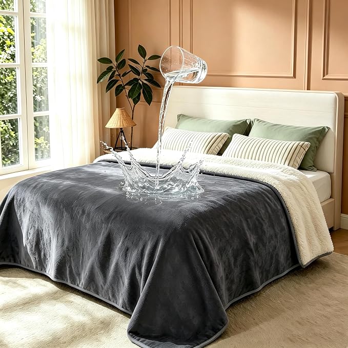 gogobunny Waterproof Bed Blanket, Reversible Sherpa Fleece Throw Blanket for Dog Puppy Cat, Furniture Cover Protects Bed Couch Sofa from Liquid Pee and Pet Fur (Dark Grey, 60x80 inches)