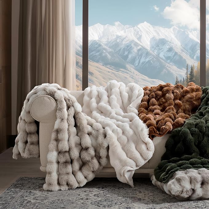 Faux Rabbit Fur Bubble Throw Blanket, 60"x80", Lion Caramel | Ultra Soft, Luxury Faux Rabbit Fur Throw, Thick Warm Bubble Blanket, Cozy Fluffy Reversible, for Bed, Couch, Chair, Sofa