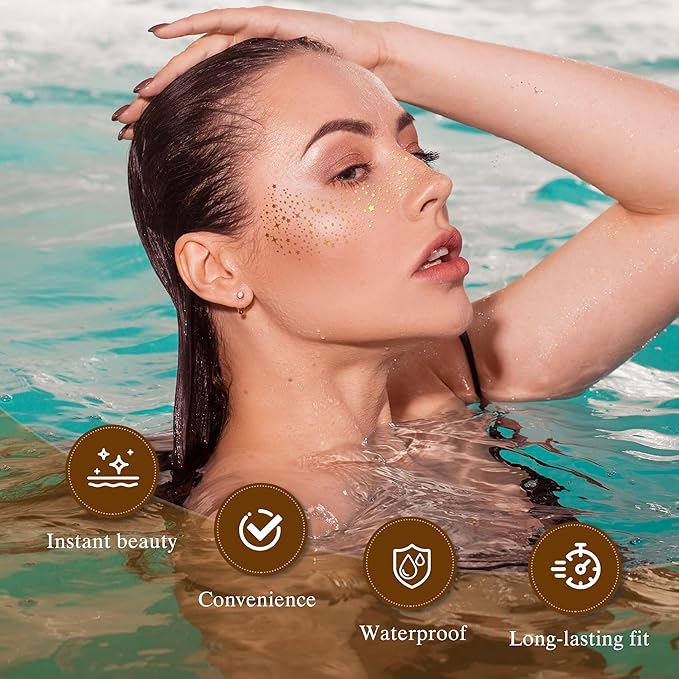 Glitter Freckles Face Tattoo, 30PCS Body Glitter Temporary Tattoos Sparkle Patches for Women, Waterproof Fake Freckles,Festival Rave Outfits Festival Decorations (GOLD&Silver&Rose Gold)