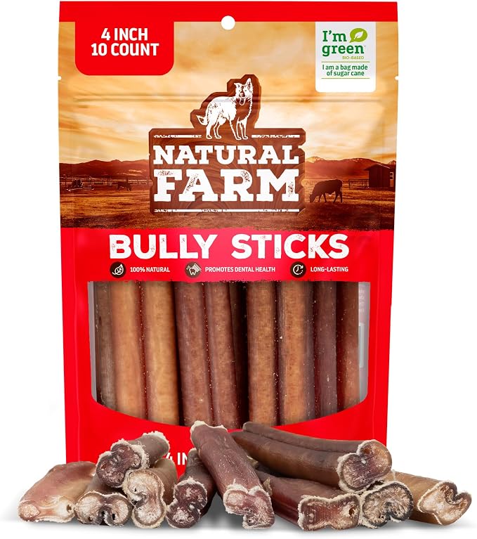 Natural Farm Odor Free Bully Sticks (4 Inch, 10 Pack) for Small & Medium Dogs - 100% Beef Chews for Pups, Non-GMO, Grain-Free, Fully Digestible Long Lasting Dog Treats