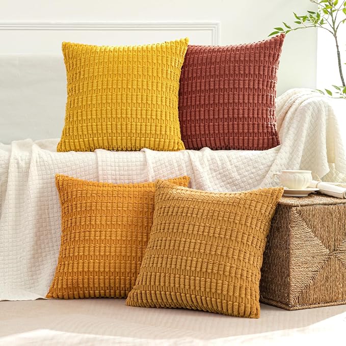 MIULEE Pack of 4 Fall Corduroy Throw Pillow Covers 18x18 Orange-Yellow | Neutral Rustic Farmhouse Boho Soft Striped Pillow Covers,Home Decor for Sofa,Living Room,Couch,Bed