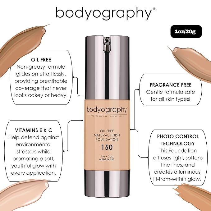 Bodyography Natural Finish Foundation (Dark/Warm #240) | Oil-Free, Anti-Aging Salon Foundation with Vitamin E & C | Photo-Ready, Skin-Perfecting Coverage | Vegan, Gluten-Free, Paraben-Free