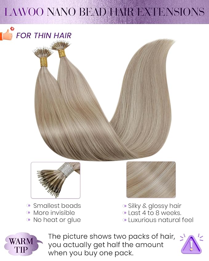 LaaVoo Nano Bead Hair Extensions Human Hair Blonde Highlight Nano Ring Extensions Ash Blonde with Bleach Blonde Nano Tip Hair Extension Real Human Hair Blonde 50s 50g 20 Inch