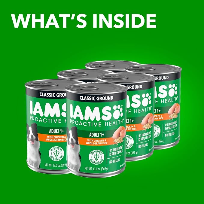 IAMS Proactive Health Ground Wet Dog Food, Chicken, 13 oz, 6-Pack | Made with real chicken, Omega-6 for skin & coat, no fillers or artificial flavors, 100% complete & balanced adult maintenance