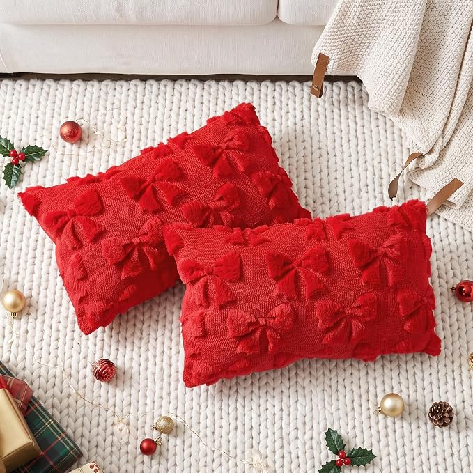 Mixweer Red Bow Pillow Covers Set of 2 Preppy Room Decor Coquette Cute Spring Summer Decorative Faux Fur Soft Bowknot Stuff Fluffy Plush Aesthetic Pillowcase for Bed Sofa Couch (12 x 20 Inch)