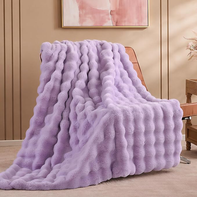 Faux Fur Throw for Couch - Light Purple Bubble Blanket 60"x80" | Fluffy Plush Fuzzy Throw for Sofa & Bed, Super Soft Cozy Comfrt Blanket, Luxury Aesthetic Purple Decor Gift for Women