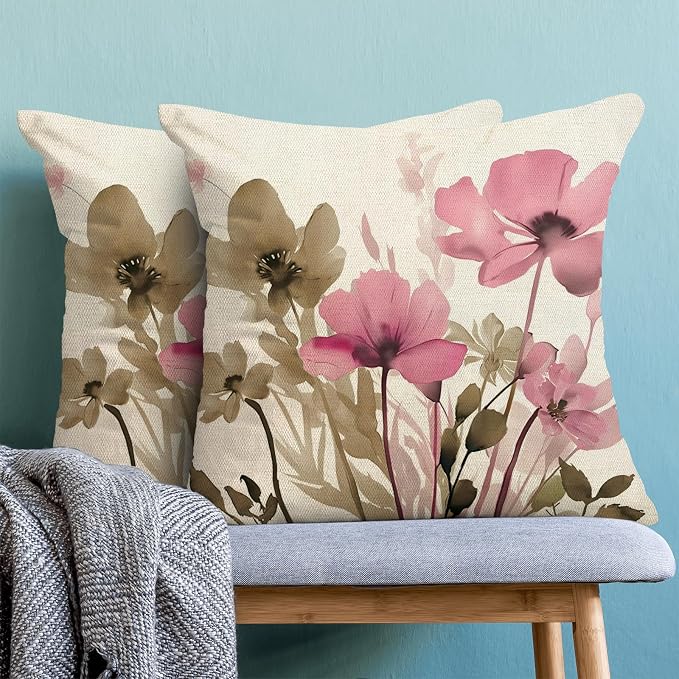 Spring Floral Pillow Covers 18x18 Inches Set of 2 Brown Pink Floral Throw Pillow Covers Outdoor Rustic Summer Flower Decoration Pillowcase Farmhouse Decorative Cushion Cover for Sofa Couch