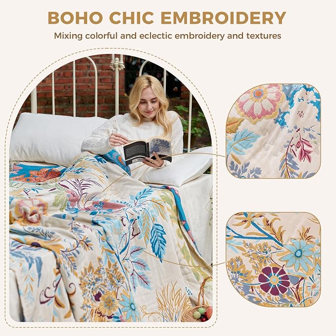 LUTBM Boho Throw Blanket for Bed 60"x80", All Season Cotton Couch Blankets | Reversible Floral Leaves Jacquard, All-Season Twin Lightweight Breathable Quilt, For Chair Sofa Bedroom Living Room Decor