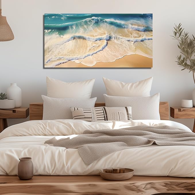 DNIEOTU Beach Canvas Wall Art for Living Room, Ocean Waves Wall-Decor for Bedroom, Landscape Picture Prints for Hallway Office, Size 47 x 24 Inches