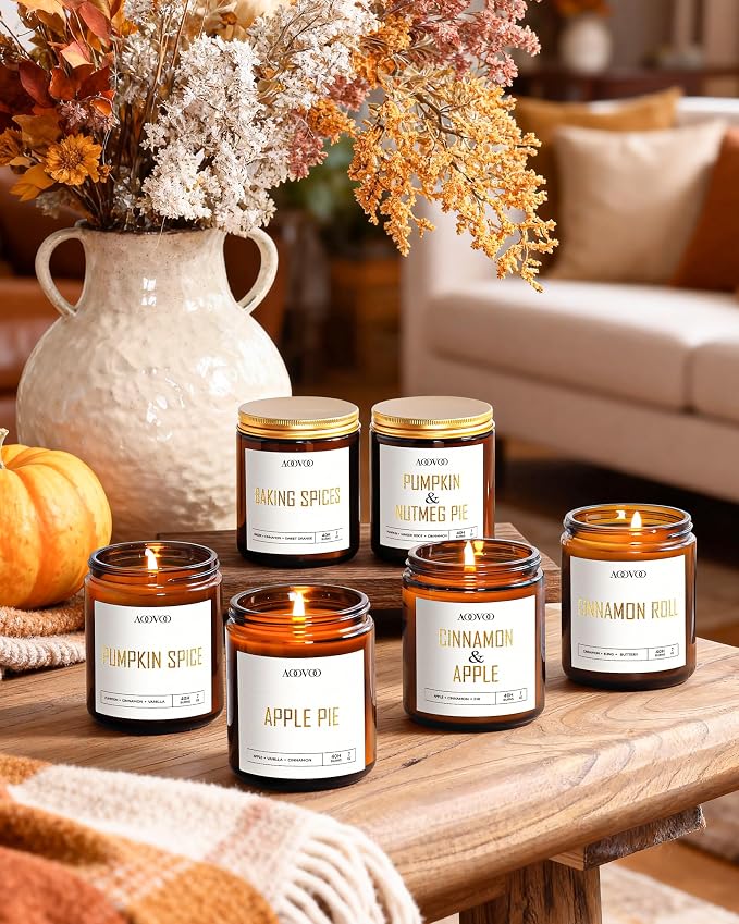 AOOVOO Fall Scented Candles - 6 PC Candle, 42 oz Soy Candles, Soy Candle for Home Scented, Apple Pie/Cinnamon Roll/Cinnamon Apple/Pumpkin Nutmeg Pie/Pumpkin Spice/Baking Spice