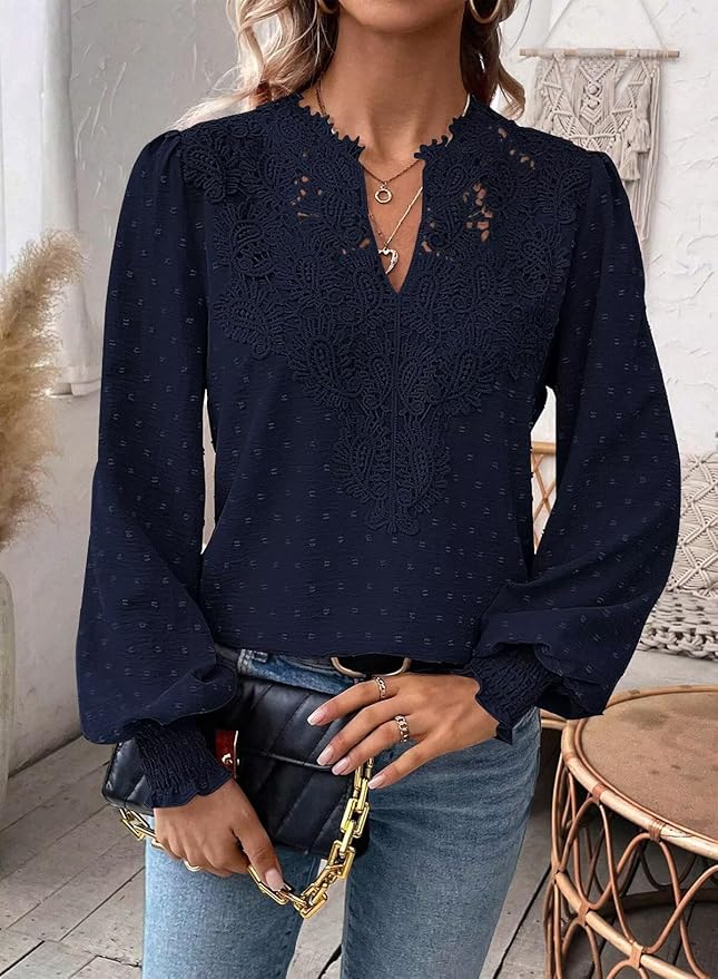 Womens Tops Swiss Dot Boho Long Sleeve Shirts V Neck Casual Chiffon Blouses Flowy Lace Hem Cute Clothing Trendy 2026