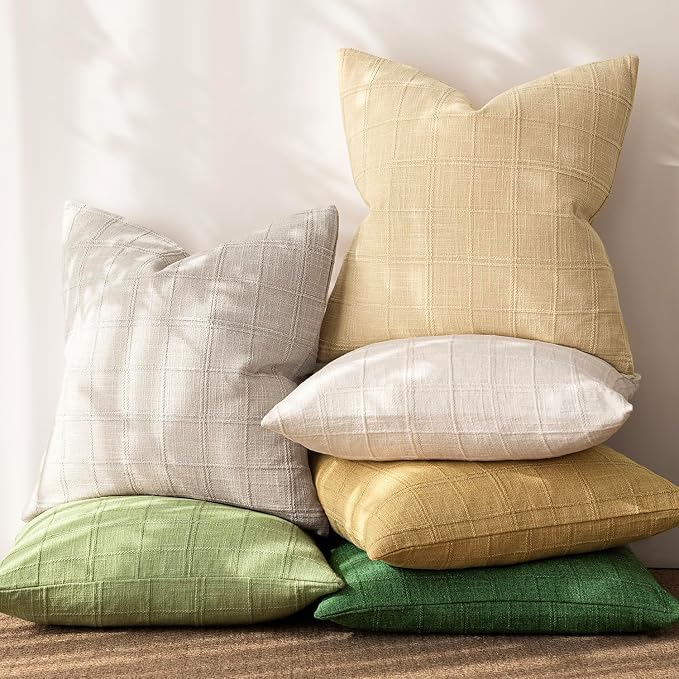 Foindtower Set of 2 Decorative Linen Check Throw Pillow Covers Neutral Farmhouse Vintage Cushion Covers Modern Coastal Boho Home Decor for Sofa Chair Couch Bedroom Living Room,20×20 Inch,Light Grey