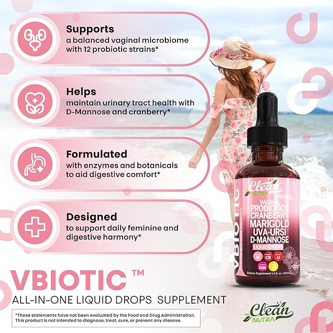 VBiotic Vaginal Probiotic for Women Liquid Drops | Womens Probiotics | Cranberry Uva Ursi Horsetail D-Mannose Prebiotics Marigold & Black Cohosh Vaginal Health Supplement | pH Balance | By Clean Nutra