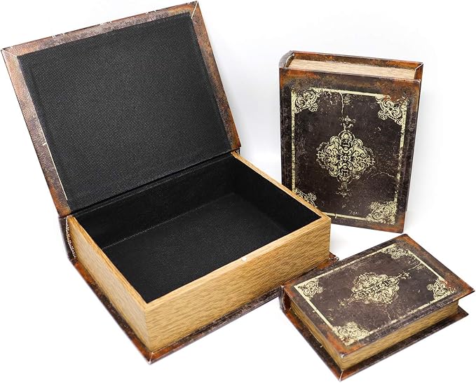 Jolitac Wooden Decorative Book Boxes 3-Pack - Vintage Style Secret Storage Boxes Handcrafted Wooden Storage Containers with Rustic Magnetic Closure for Jewelry & Keepsakes (Dark Vintage)