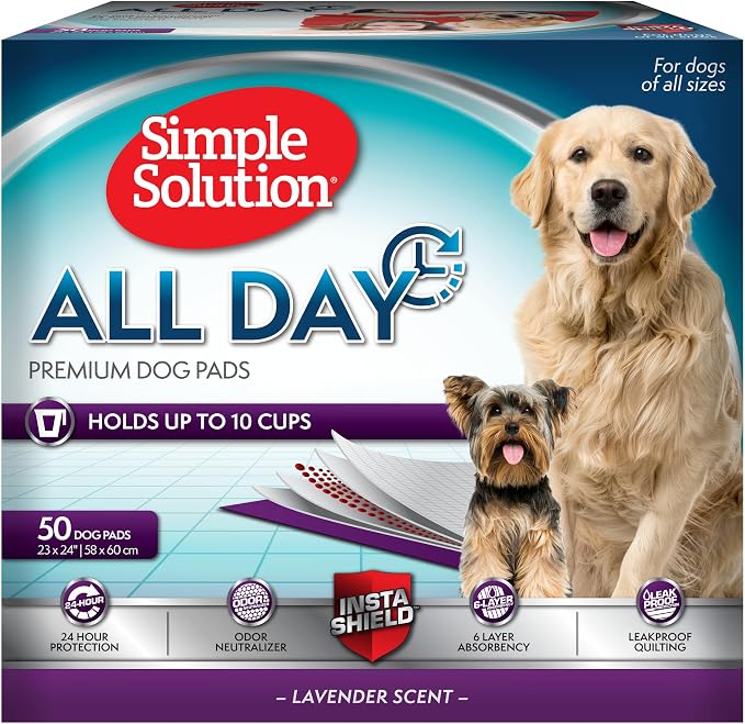 Simple Solution All Day Dog Potty Training Pads, Lavender, 23"x24" 50 Count | Pee Pads for Dogs, Leak Proof, Odor Control, Extra Absorbent, Quick Dry, Indoor Potty, Floor Protection, Puppy Training