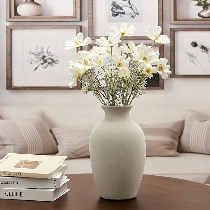 Large Ceramic Rustic Flower Vase, 10.43 Inch Tall Vintage Pottery Home Decor, Antique Farmhouse Terracotta Vase for Living Room, Shelf, Table, Mantel Decoration, Farmhouse - Off-White