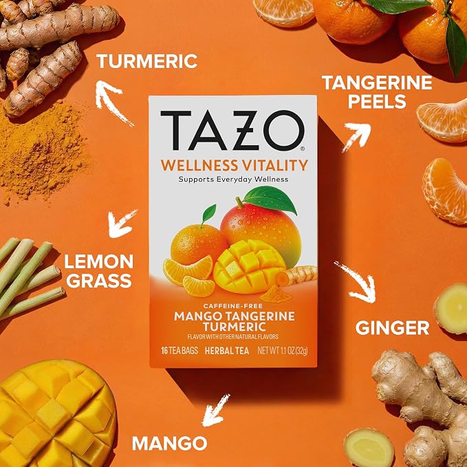 TAZO Wellness Vitality Mango Tangerine Turmeric Herbal Tea Bags - 16ct (6-Pack)