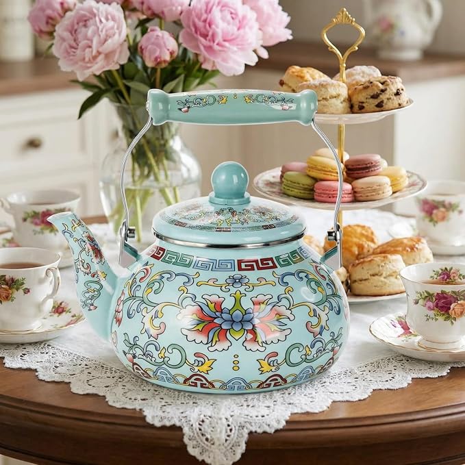 Pumtus 2.6 Quart Floral Enamel Tea Kettle, Vintage Enameled Teapot Stovetop, Enamel on Steel Water Coffee Tea Pot with Ceramic Handle, Colorful Hot Water Kettle for Home Kitchen Decor, No Whistling