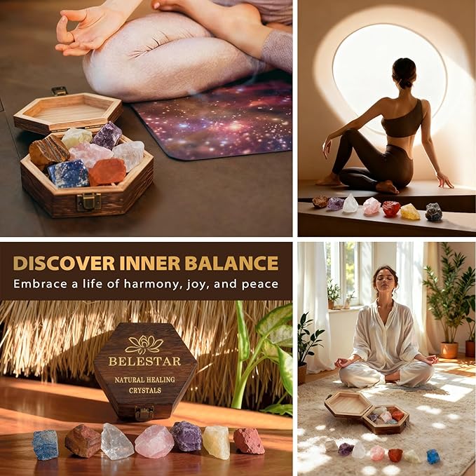 7 Chakra Healing Crystals Set - Large Raw Stones: Amethyst, Rose Quartz, Citrine, Lapis Lazuli, Clear Quartz, Tigers Eye, Red Jasper - Energy Alignment Kit with Wooden Gift Box & Guidebook