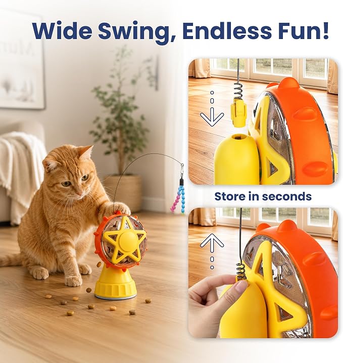 PAWSPIK 2-in-1 Interactive Spinning Wheel Snack Feeder & Teaser Cat Toy